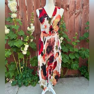 Haute Hippie Silk Rose Print Handkerchief Hem Wrap Floral Midi Dress Size Small